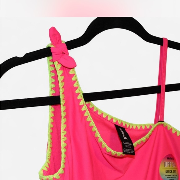 Hurley Neon Pink Swimsuit with Yellow Trim Girls Size Large 12/14 - Picture 2 of 8